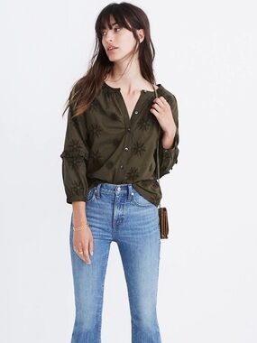Madewell Olive Green Embroidered Cotton Blouse Tiered Sleeve Ruffle Button Front